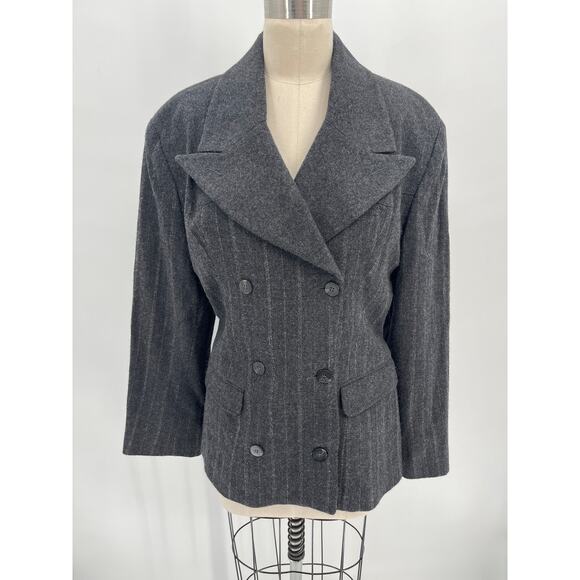Vintage Leon Max Nipped Waist Blazer Sz 12 Gray Wool Double Breasted - Picture 1 of 5